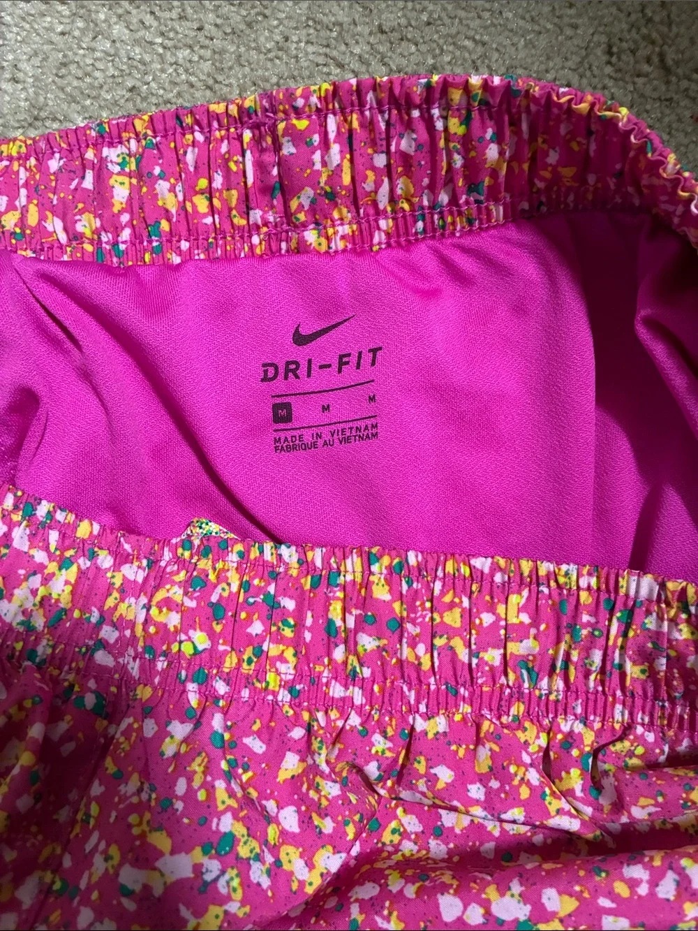 Nike Bright Pink Confetti Athletic Shorts with Yellow Trim